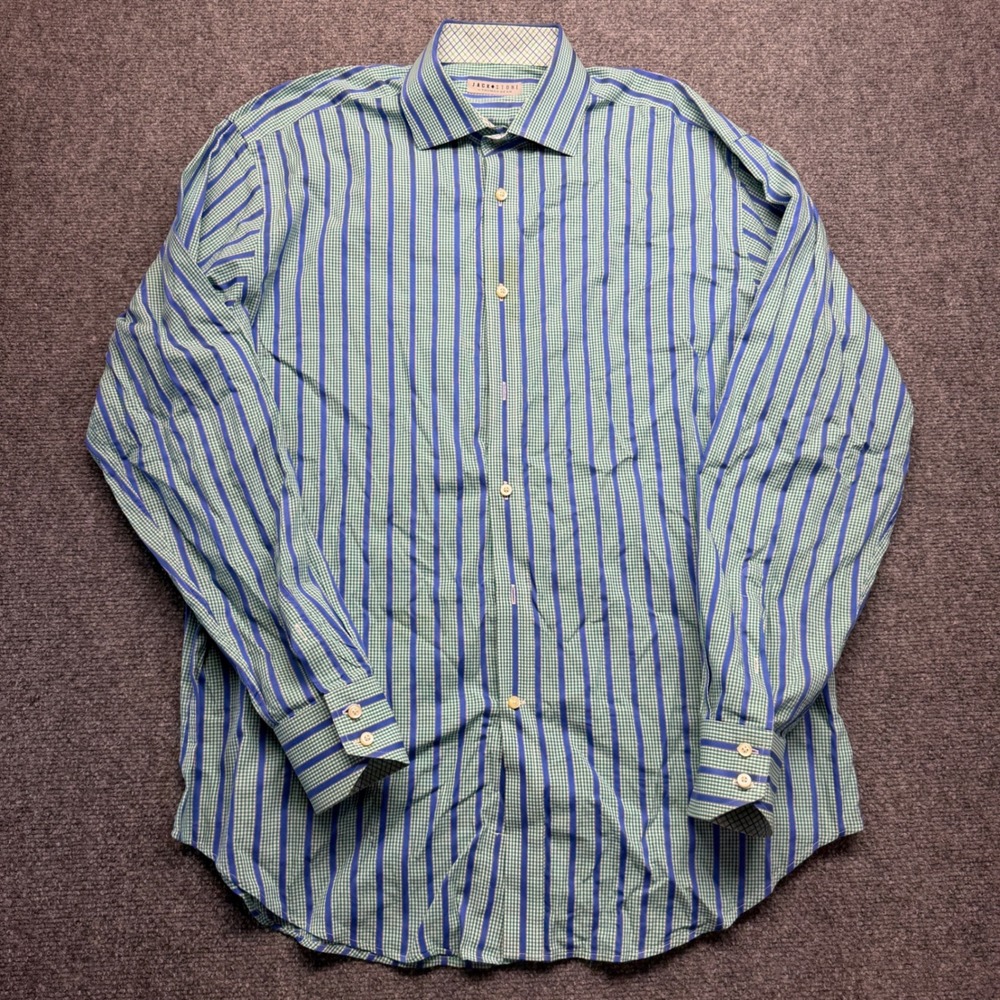 Jack Stone by Thomas Dean Mens Large Blue Green Striped Gingham Cotton Shirt